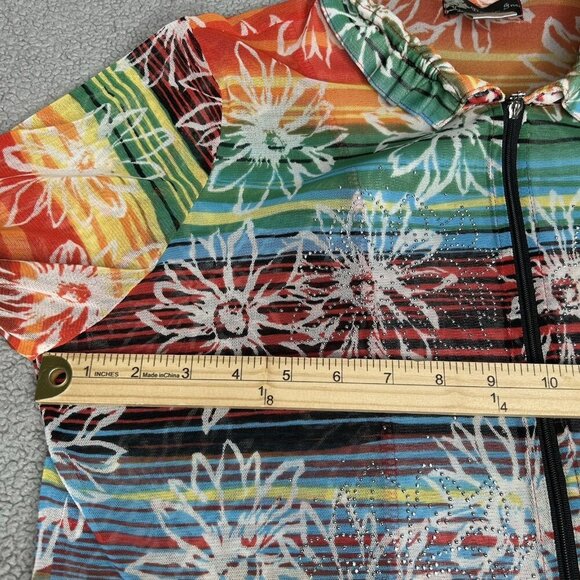 Damee Inc Jacket Womens Medium Rainbow Floral Mesh Studded Zip Stretch Vintage - Picture 8 of 13